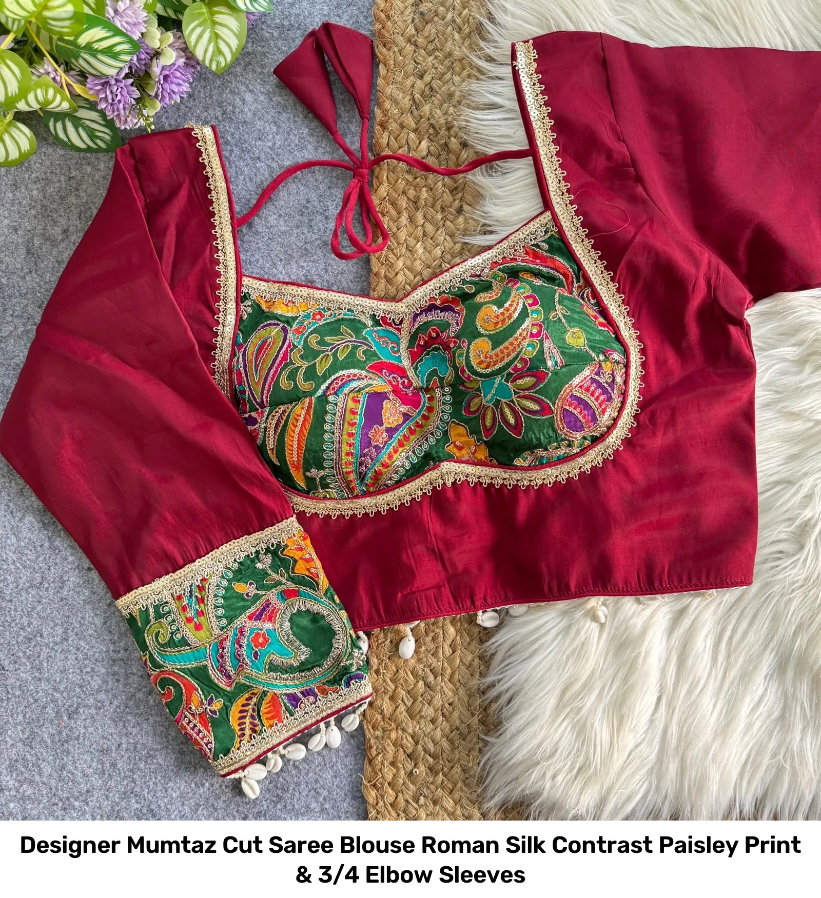 Designer Mumtaz Cut Saree Blouse – Roman Silk Contrast Paisley Print & 3/4 Elbow Sleeves 12