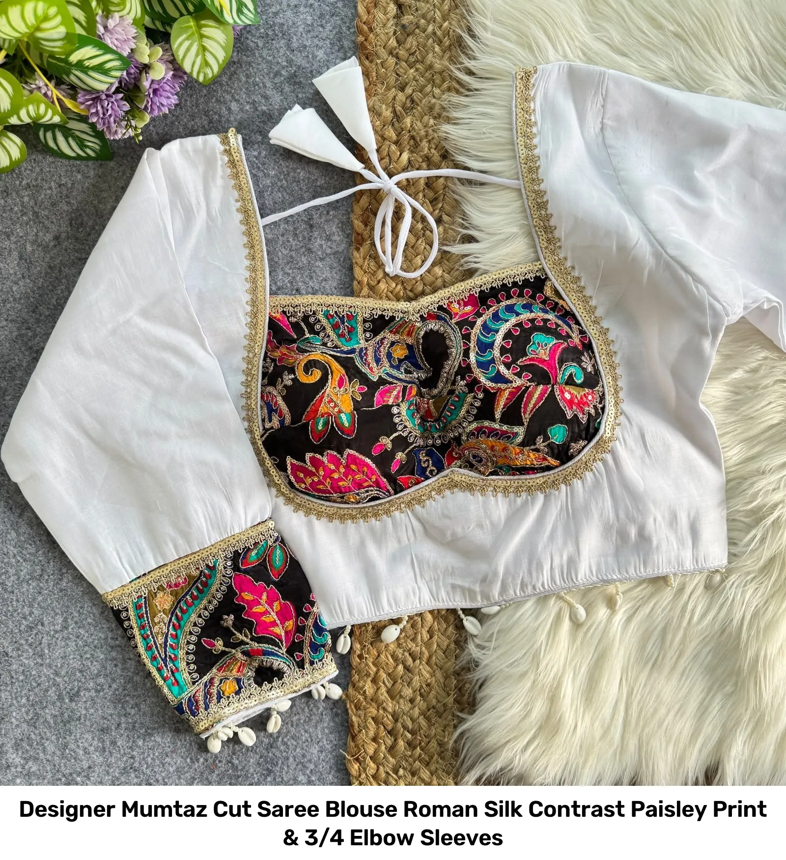 Designer Mumtaz Cut Saree Blouse – Roman Silk Contrast Paisley Print & 3/4 Elbow Sleeves 13