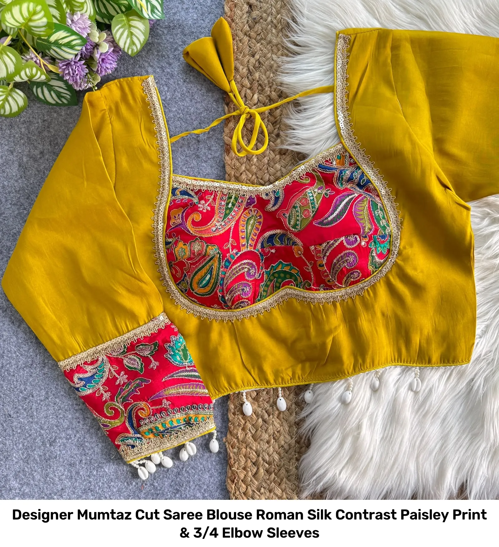 Designer Mumtaz Cut Saree Blouse – Roman Silk Contrast Paisley Print & 3/4 Elbow Sleeves 14