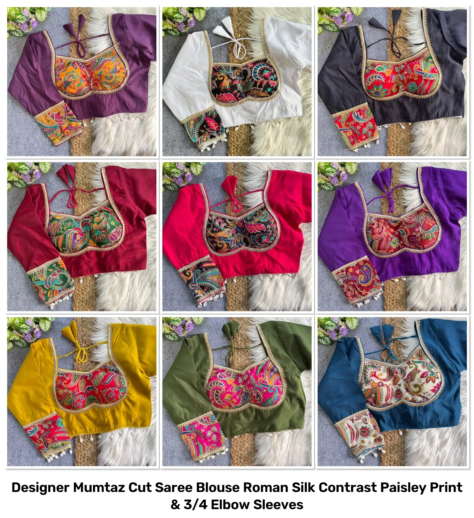 Designer Mumtaz Cut Saree Blouse – Roman Silk Contrast Paisley Print & 3/4 Elbow Sleeves 3