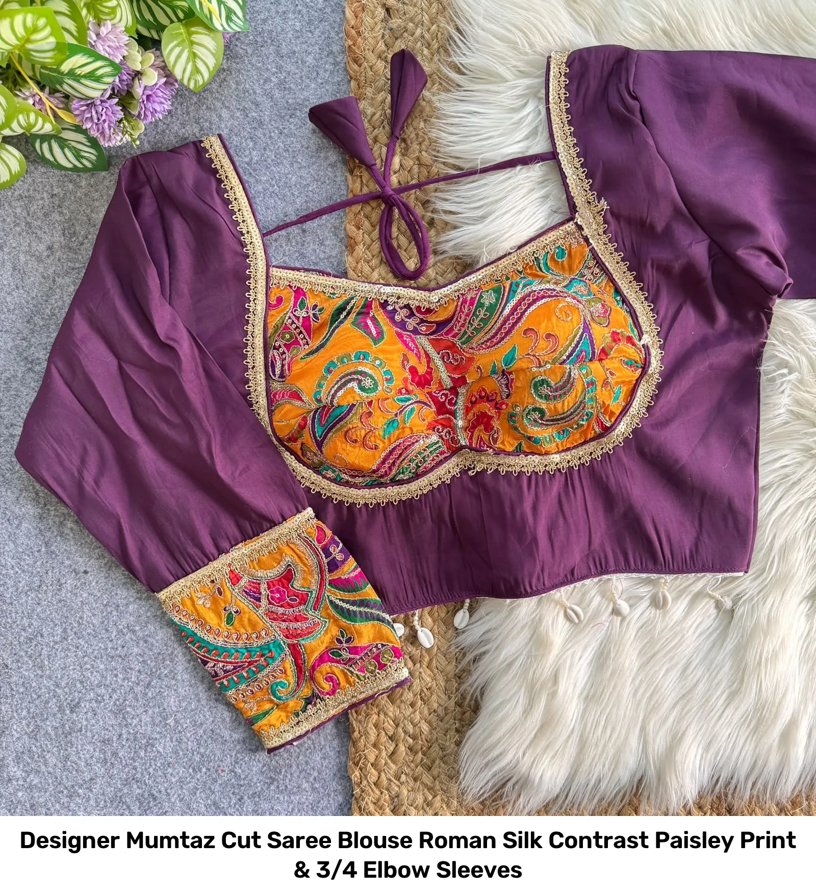 Designer Mumtaz Cut Saree Blouse – Roman Silk Contrast Paisley Print & 3/4 Elbow Sleeves 4