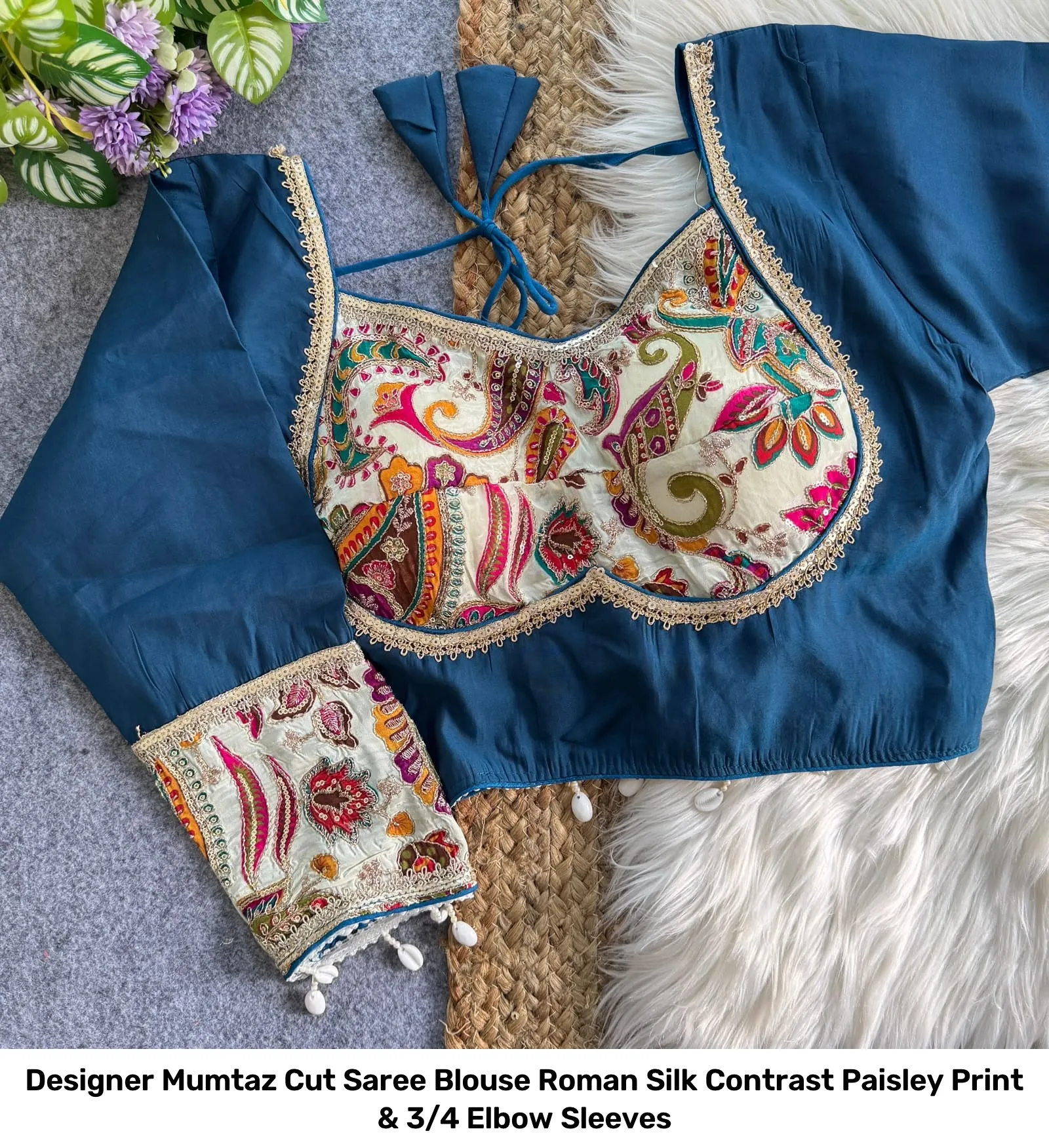 Designer Mumtaz Cut Saree Blouse – Roman Silk Contrast Paisley Print & 3/4 Elbow Sleeves 5