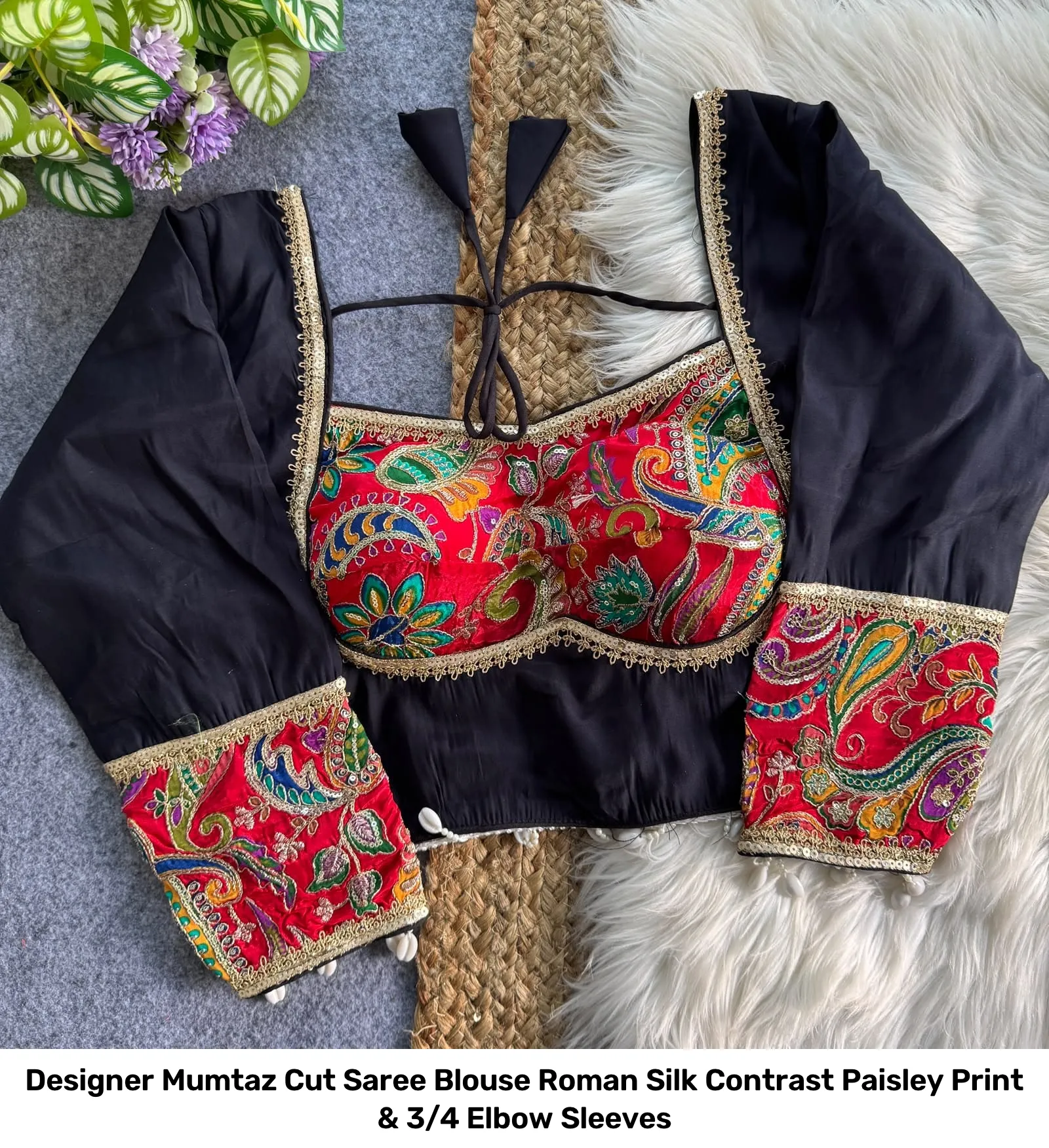 Designer Mumtaz Cut Saree Blouse – Roman Silk Contrast Paisley Print & 3/4 Elbow Sleeves 7