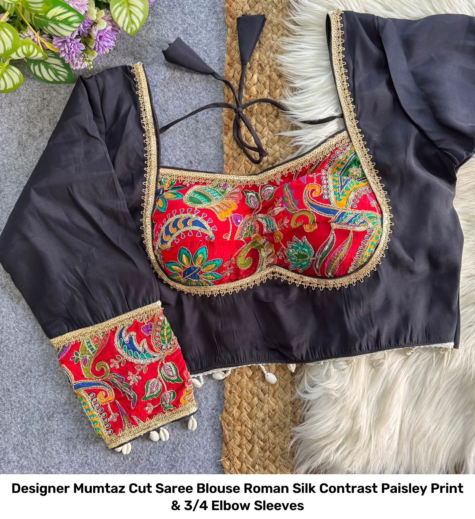 Designer Mumtaz Cut Saree Blouse – Roman Silk Contrast Paisley Print & 3/4 Elbow Sleeves 8