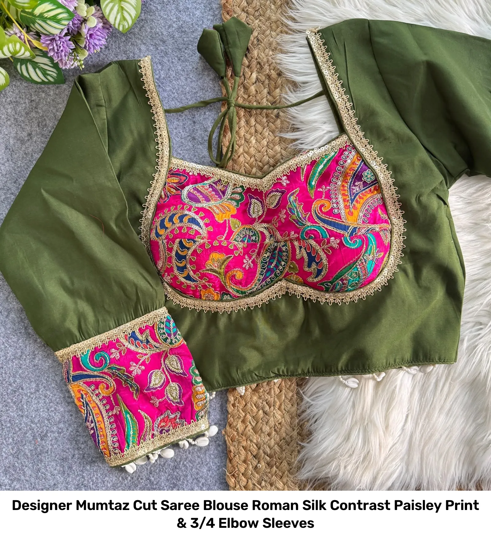 Designer Mumtaz Cut Saree Blouse – Roman Silk Contrast Paisley Print & 3/4 Elbow Sleeves 9