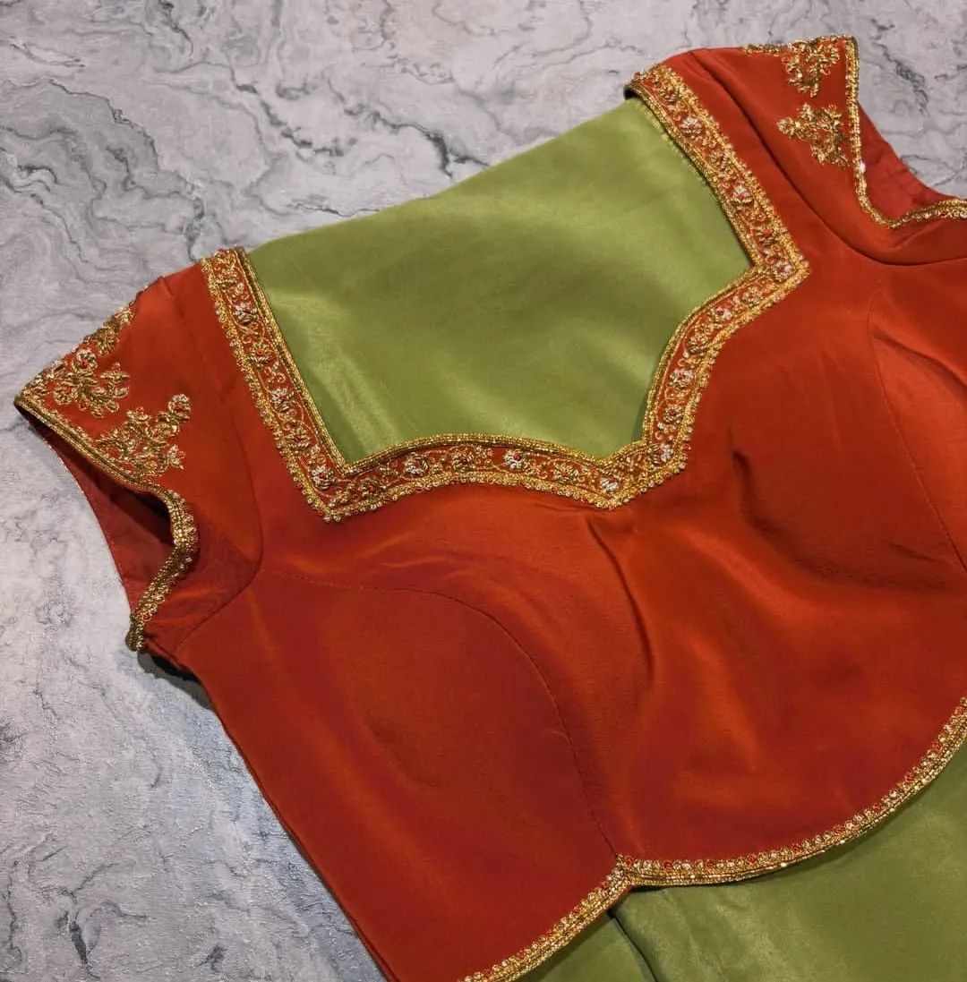Designer Orange & Green Maggam Work Blouse | Readymade Saree Blouse Online