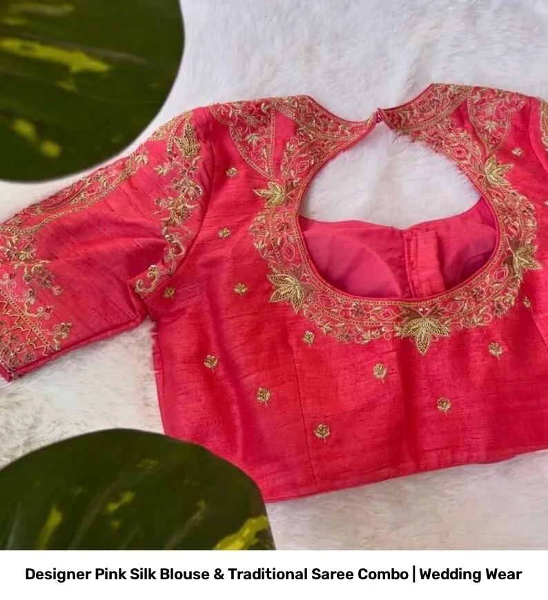 Designer Pink Silk Blouse & Traditional Saree Combo | Wedding Wear 3