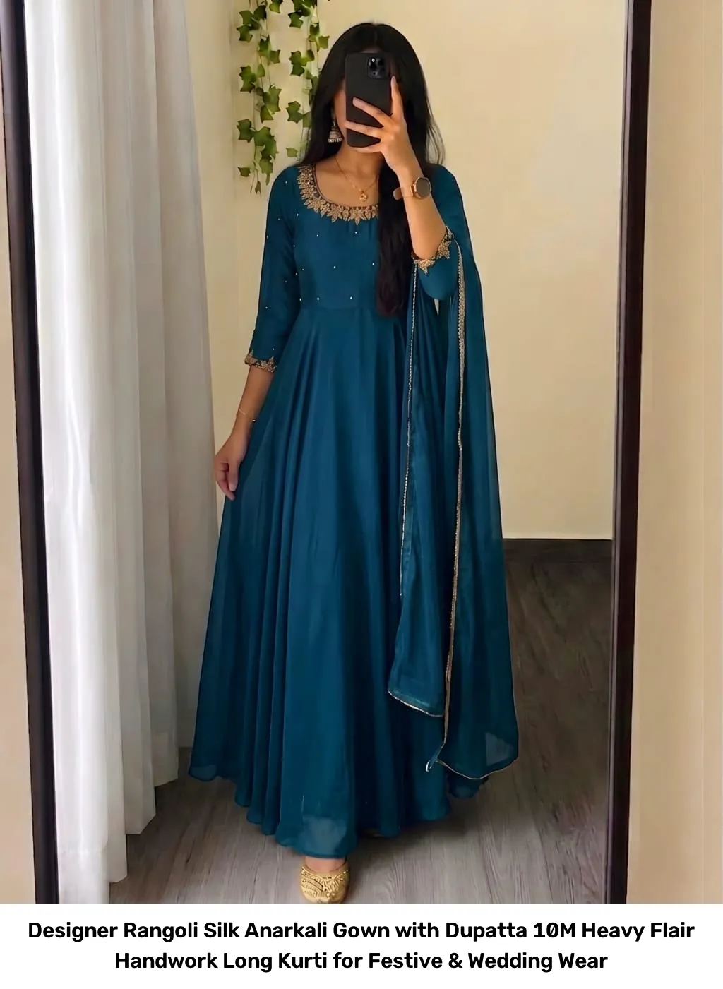 Designer Rangoli Silk Anarkali Gown with Dupatta – 10M Heavy Flair Handwork Long Kurti for Festive & Wedding Wear 11