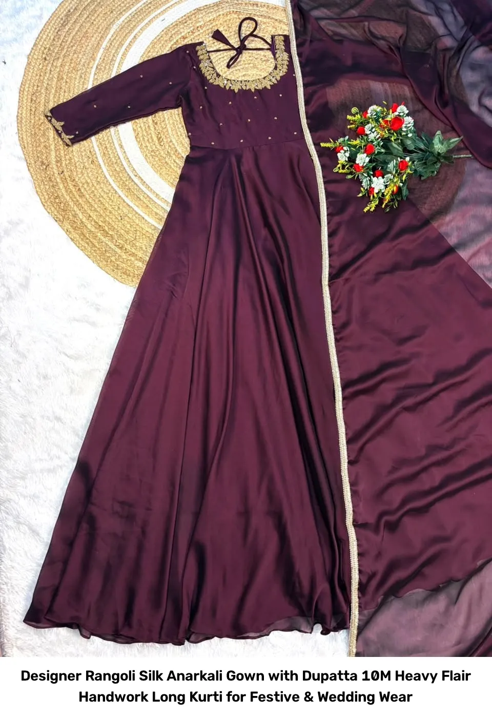 Designer Rangoli Silk Anarkali Gown with Dupatta – 10M Heavy Flair Handwork Long Kurti for Festive & Wedding Wear 12