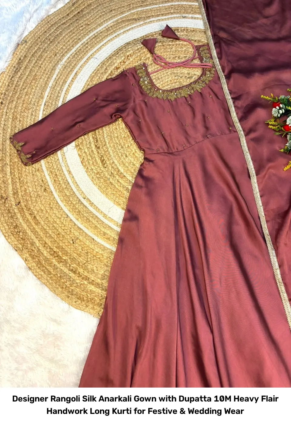 Designer Rangoli Silk Anarkali Gown with Dupatta – 10M Heavy Flair Handwork Long Kurti for Festive & Wedding Wear 13