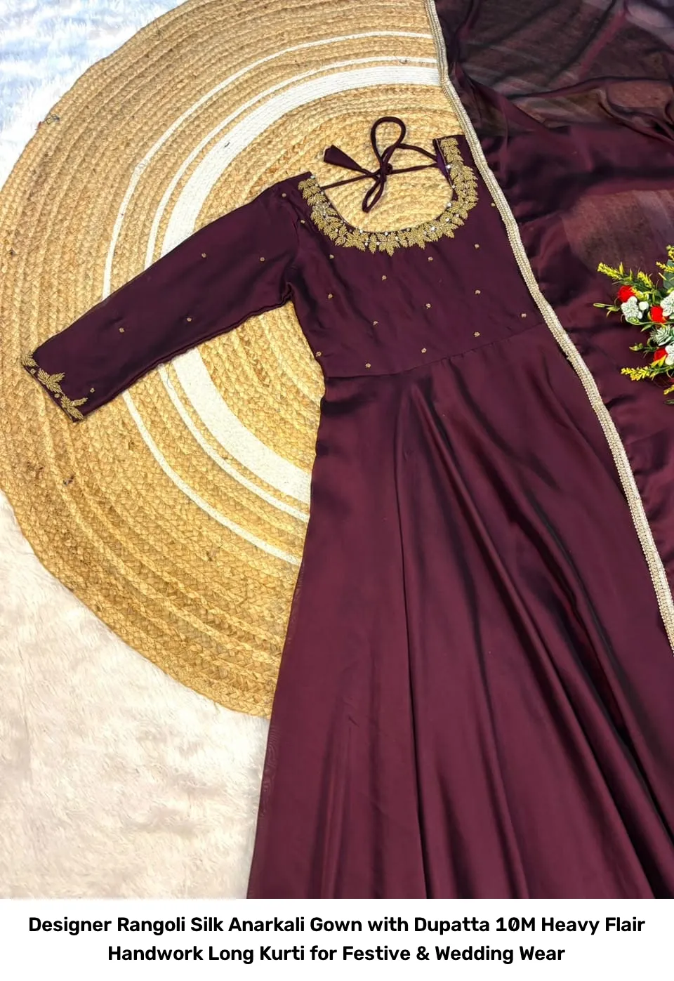 Designer Rangoli Silk Anarkali Gown with Dupatta – 10M Heavy Flair Handwork Long Kurti for Festive & Wedding Wear 2