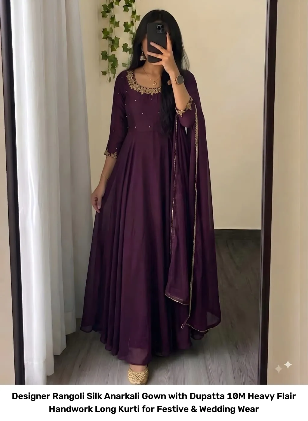 Designer Rangoli Silk Anarkali Gown with Dupatta – 10M Heavy Flair Handwork Long Kurti for Festive & Wedding Wear 4