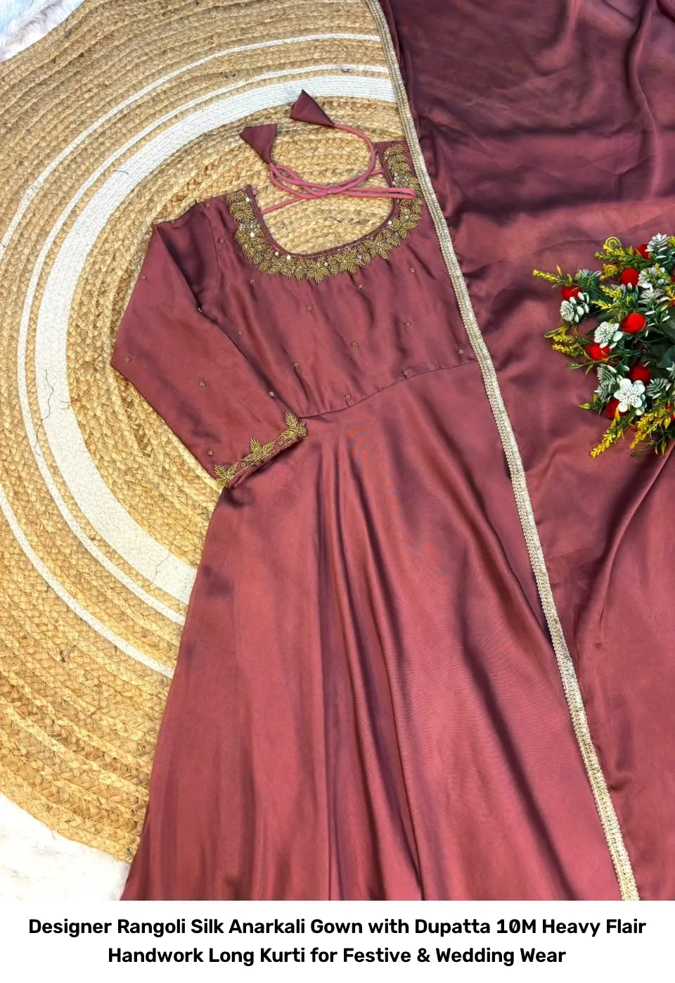 Designer Rangoli Silk Anarkali Gown with Dupatta – 10M Heavy Flair Handwork Long Kurti for Festive & Wedding Wear 5