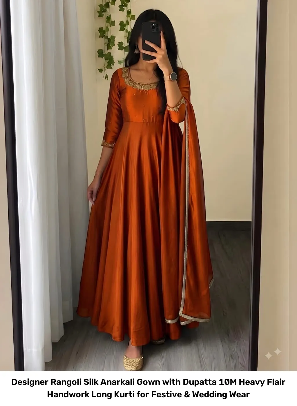 Designer Rangoli Silk Anarkali Gown with Dupatta – 10M Heavy Flair Handwork Long Kurti for Festive & Wedding Wear 7
