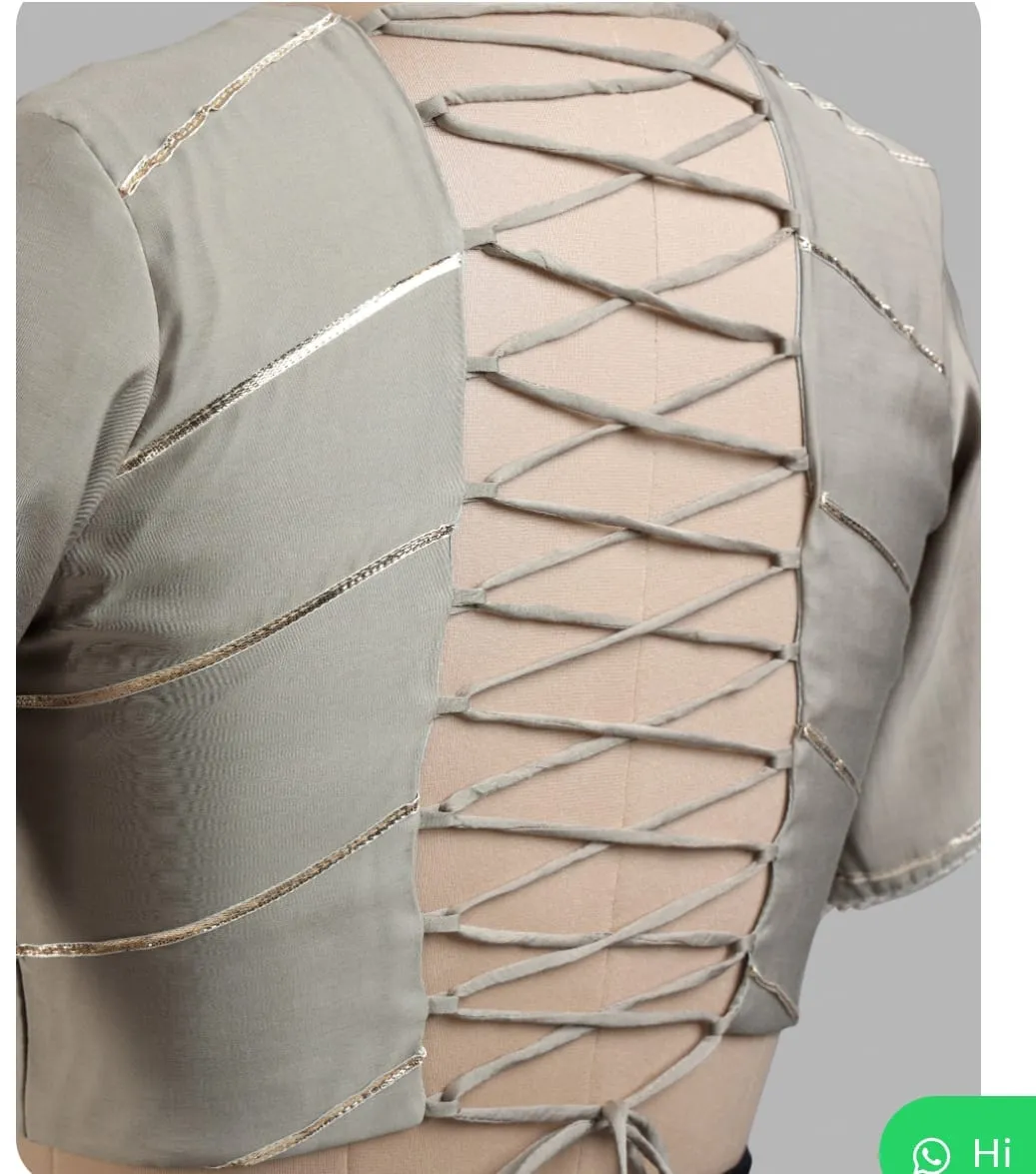 Designer Sage Green Saree Blouse for Women | Ready-Made Crew Neck Party Wear Blouse with Criss-Cross Lace-Up Back