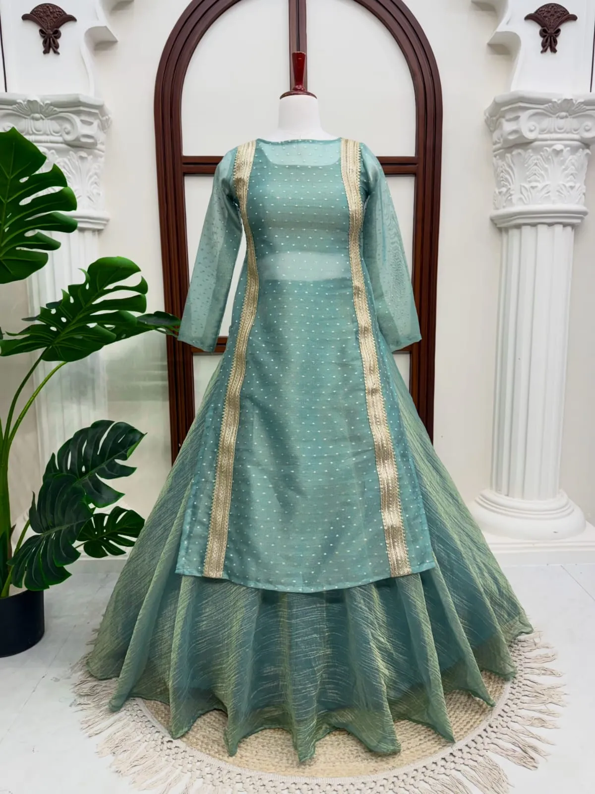 Designer Salsa Butti Kurti with Crush Lehenga Set | Lace Work Ethnic Kurti with 4.5M Flared Skirt