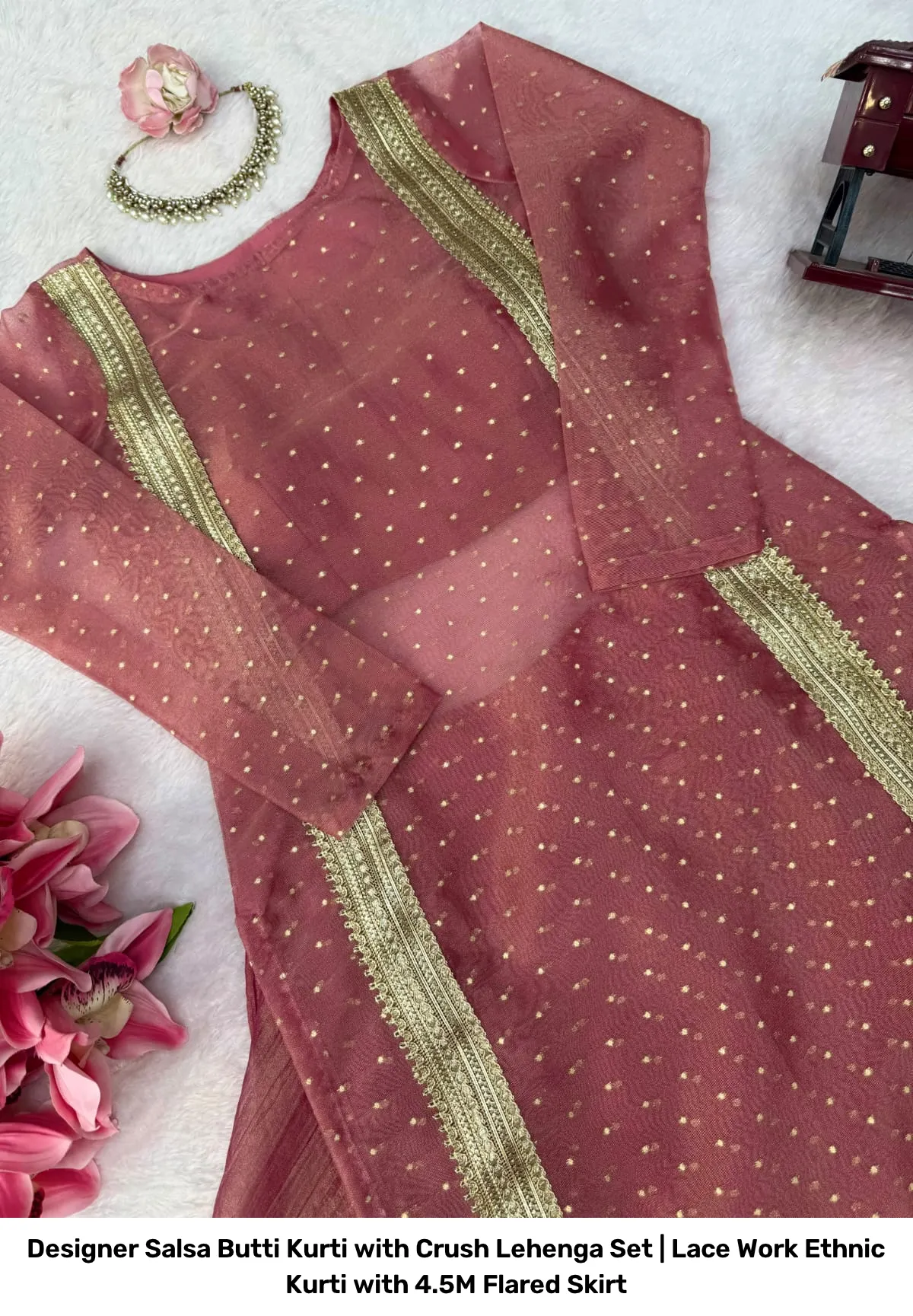 Designer Salsa Butti Kurti with Crush Lehenga Set | Lace Work Ethnic Kurti with 4.5M Flared Skirt 10