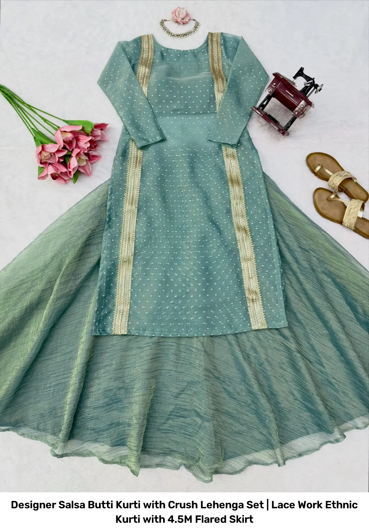 Designer Salsa Butti Kurti with Crush Lehenga Set | Lace Work Ethnic Kurti with 4.5M Flared Skirt 2