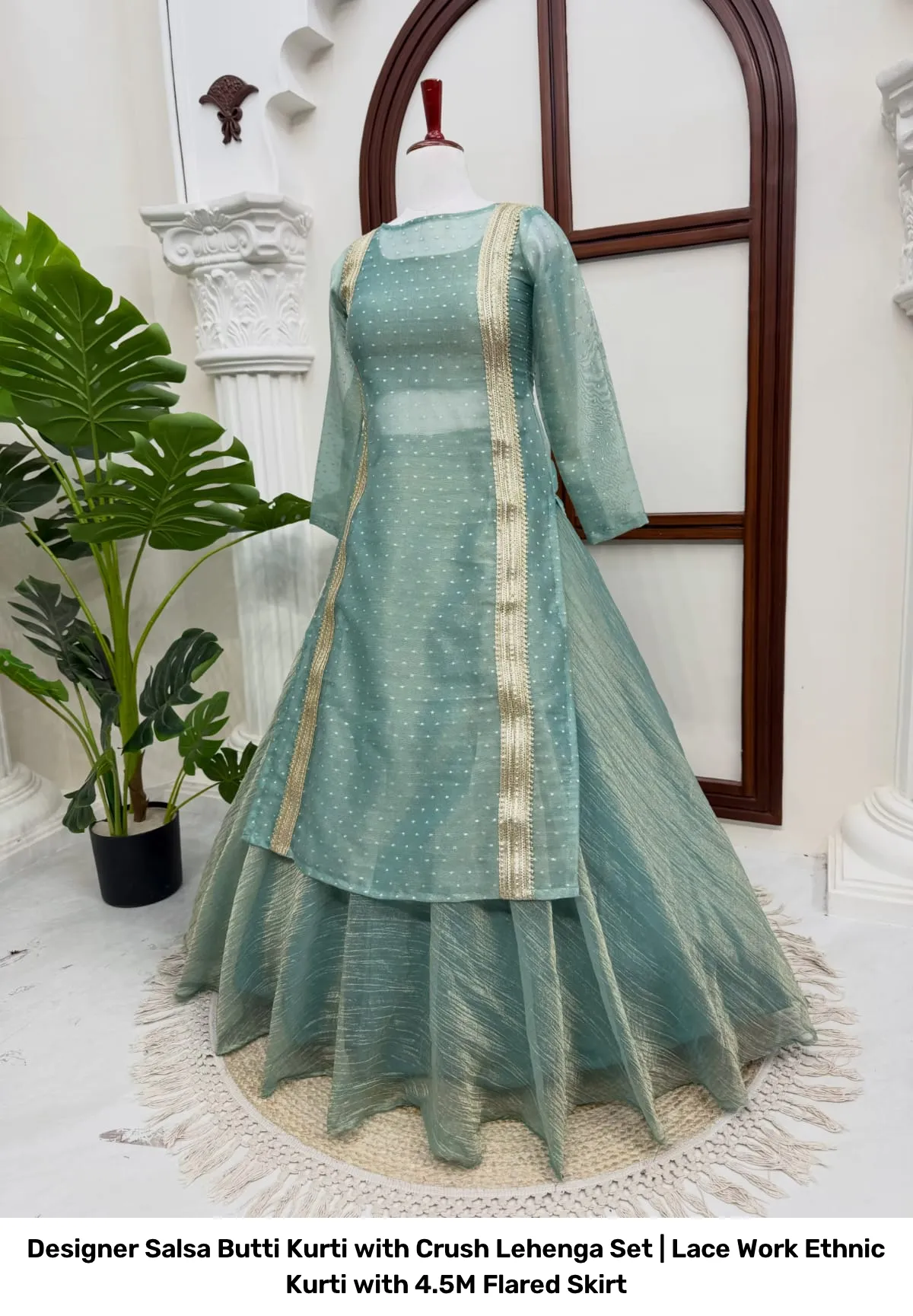 Designer Salsa Butti Kurti with Crush Lehenga Set | Lace Work Ethnic Kurti with 4.5M Flared Skirt 4