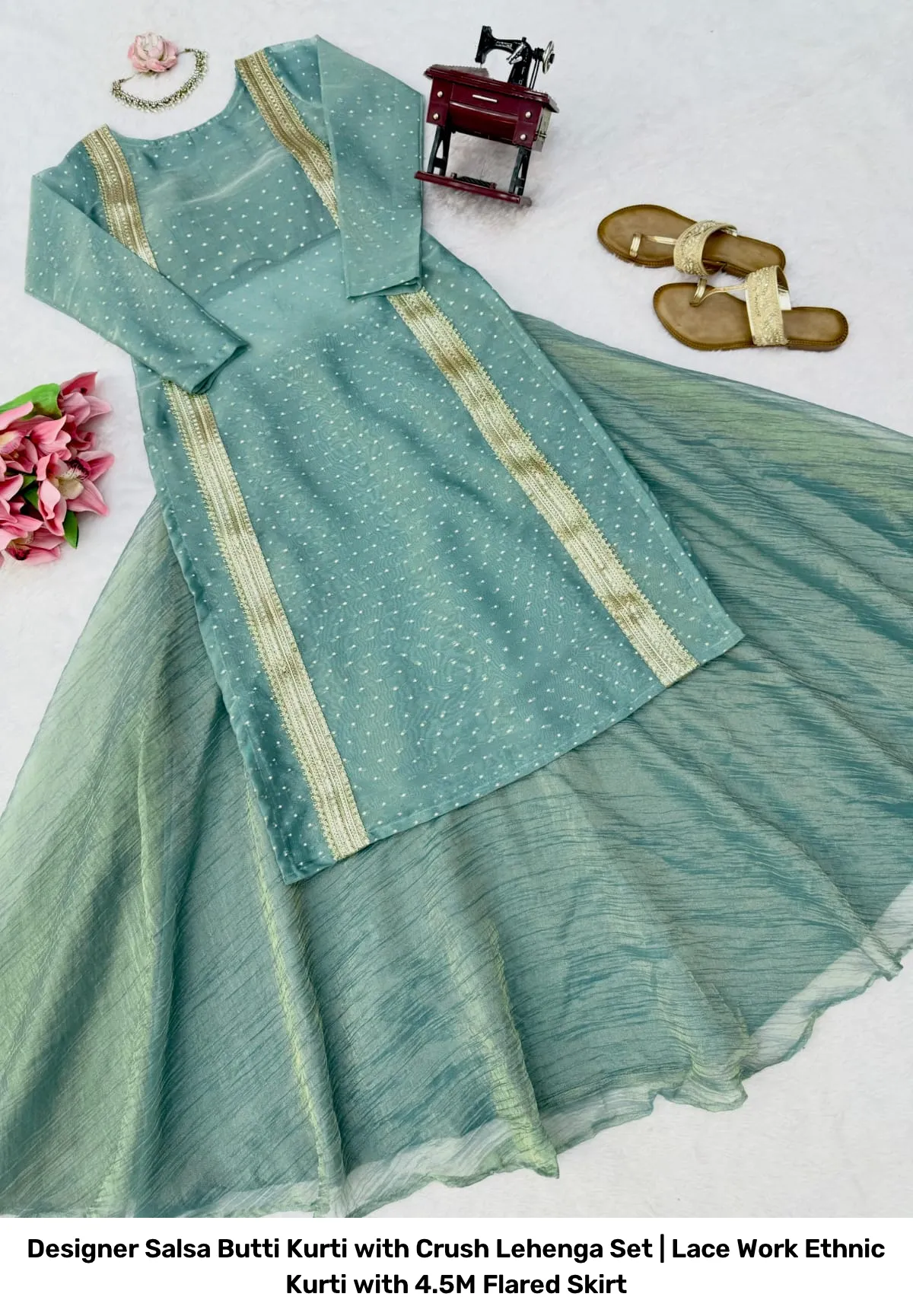 Designer Salsa Butti Kurti with Crush Lehenga Set | Lace Work Ethnic Kurti with 4.5M Flared Skirt 5