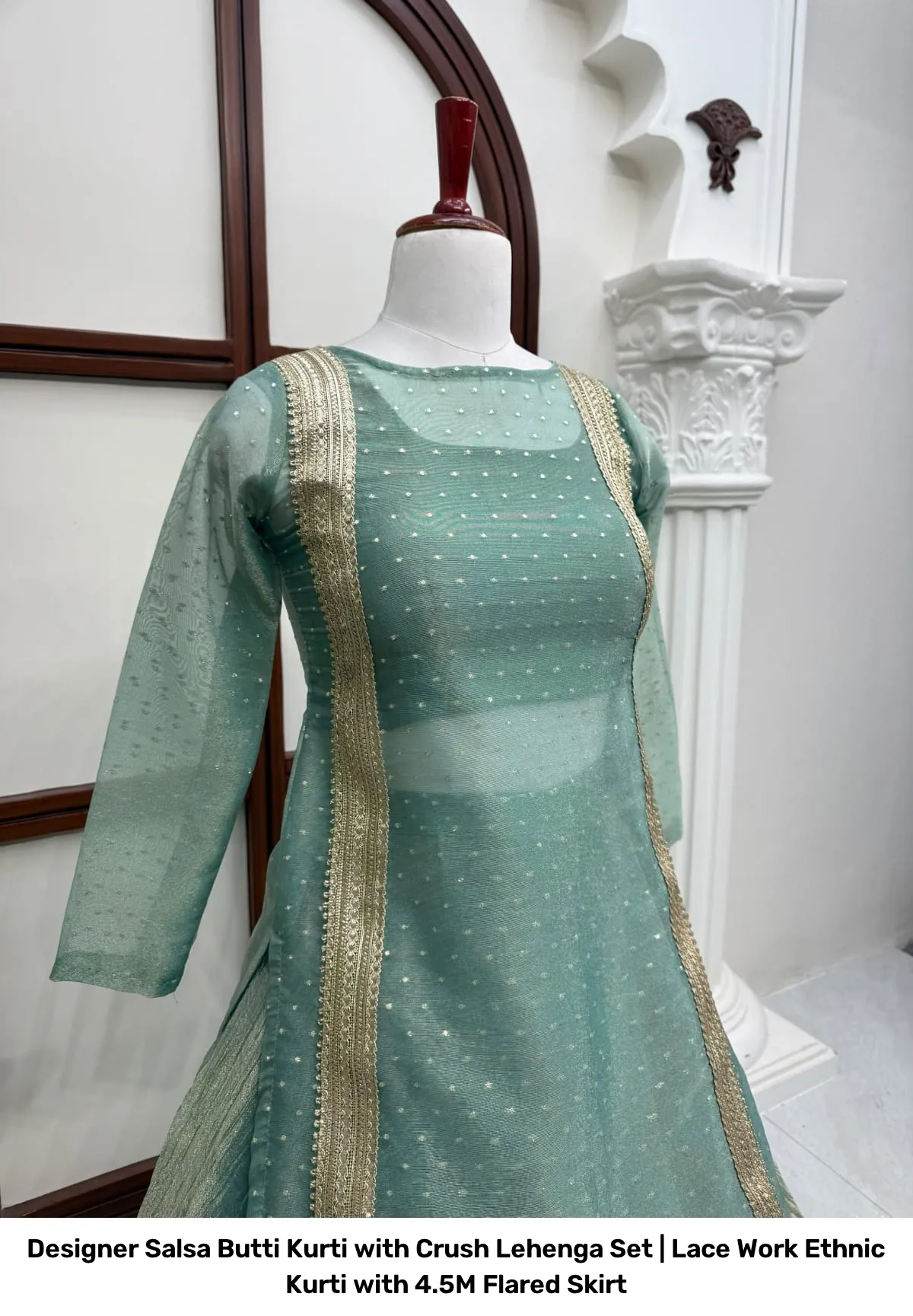 Designer Salsa Butti Kurti with Crush Lehenga Set | Lace Work Ethnic Kurti with 4.5M Flared Skirt 7