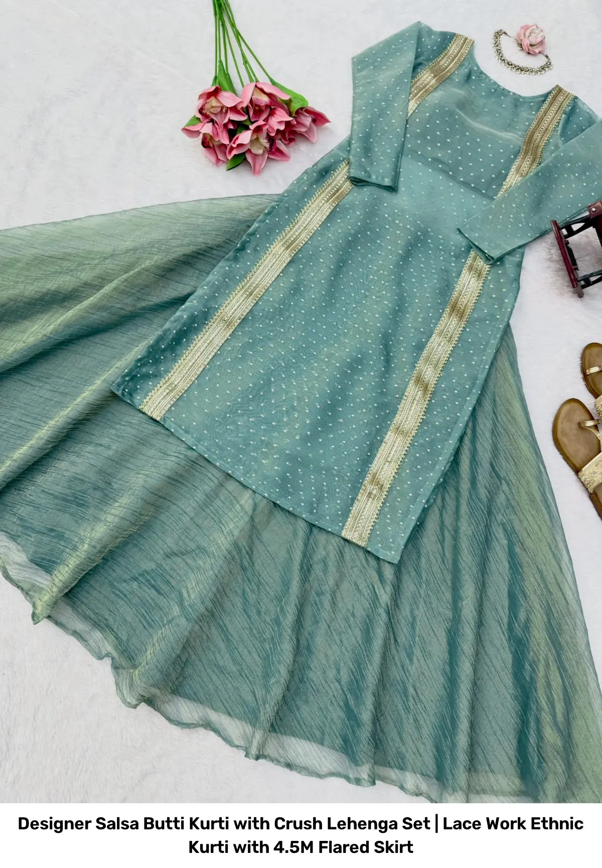 Designer Salsa Butti Kurti with Crush Lehenga Set | Lace Work Ethnic Kurti with 4.5M Flared Skirt 8