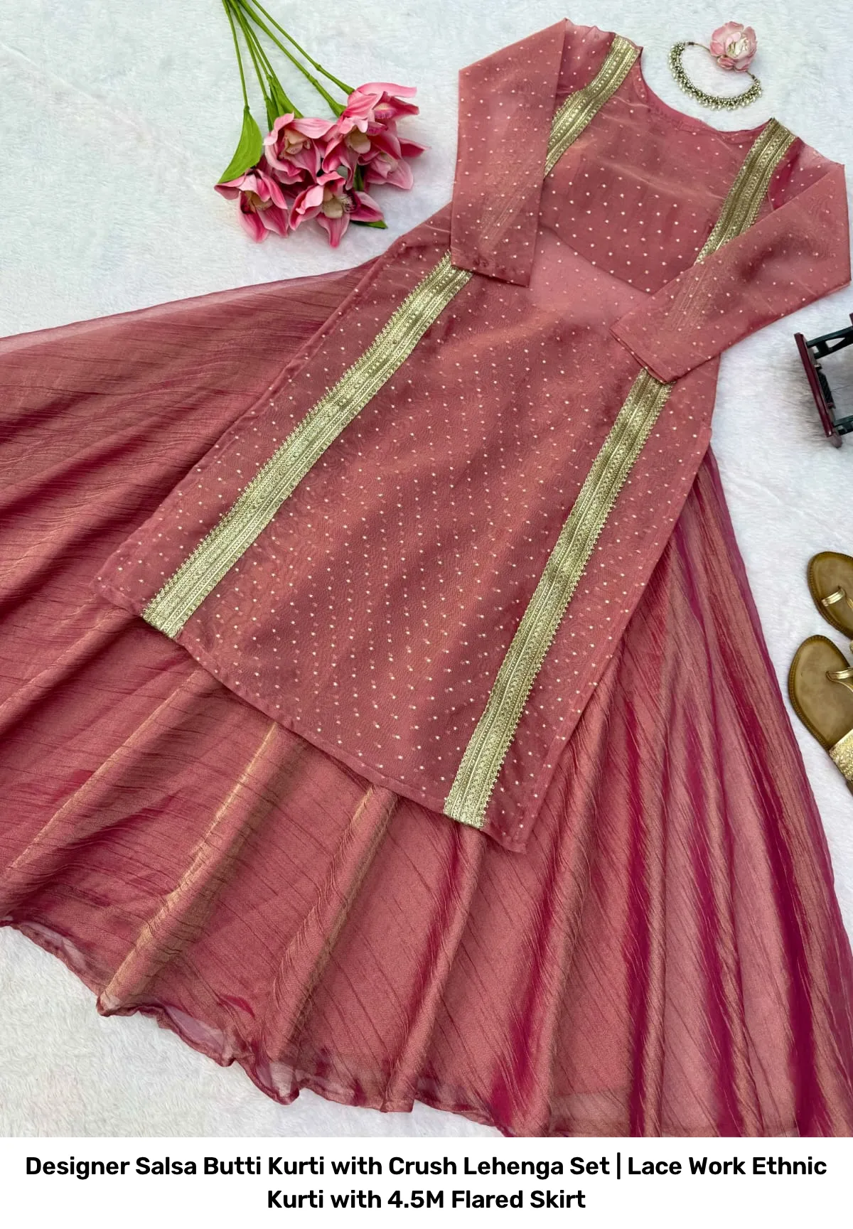 Designer Salsa Butti Kurti with Crush Lehenga Set | Lace Work Ethnic Kurti with 4.5M Flared Skirt 9