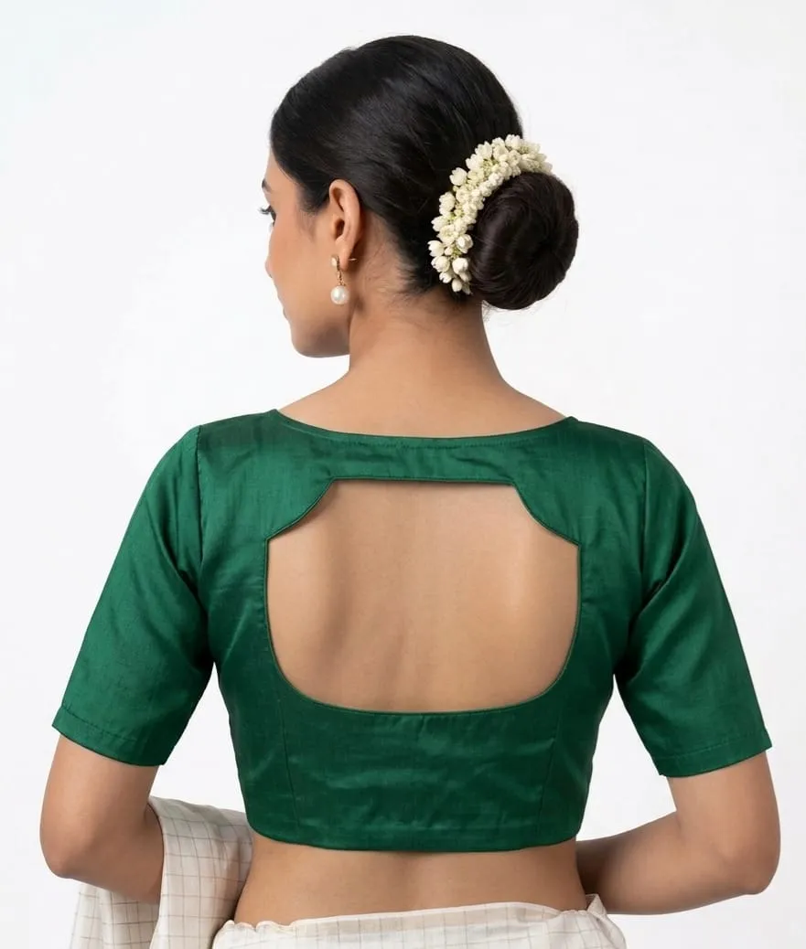 Designer Scalloped Back Neck Blouse | Solid Raw Silk Puff Sleeve Saree Blouse