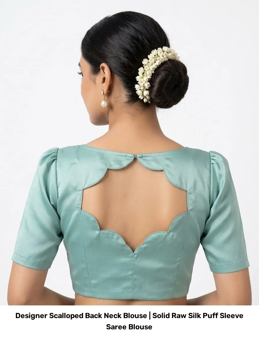 Designer Scalloped Back Neck Blouse | Solid Raw Silk Puff Sleeve Saree Blouse 4