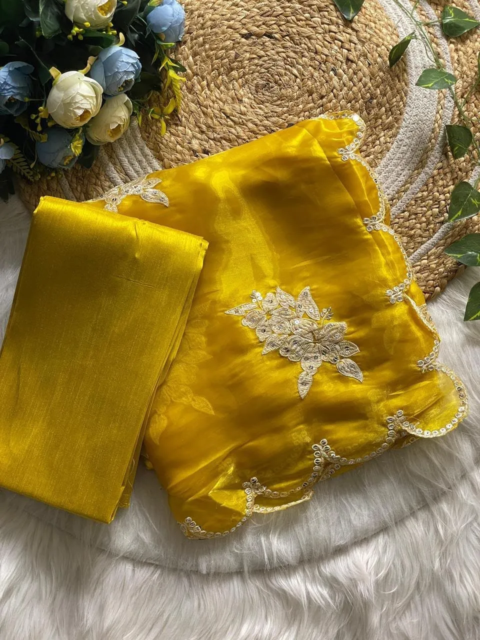Designer Shimmer Jimmy Choo Saree | Handcrafted Floral Sequence Work & Scalloped Cut Work Border Party Wear Saree