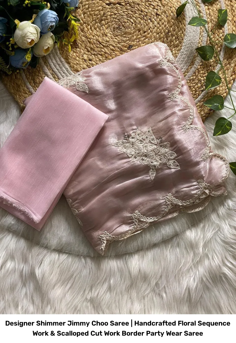 Designer Shimmer Jimmy Choo Saree | Handcrafted Floral Sequence Work & Scalloped Cut Work Border Party Wear Saree 5