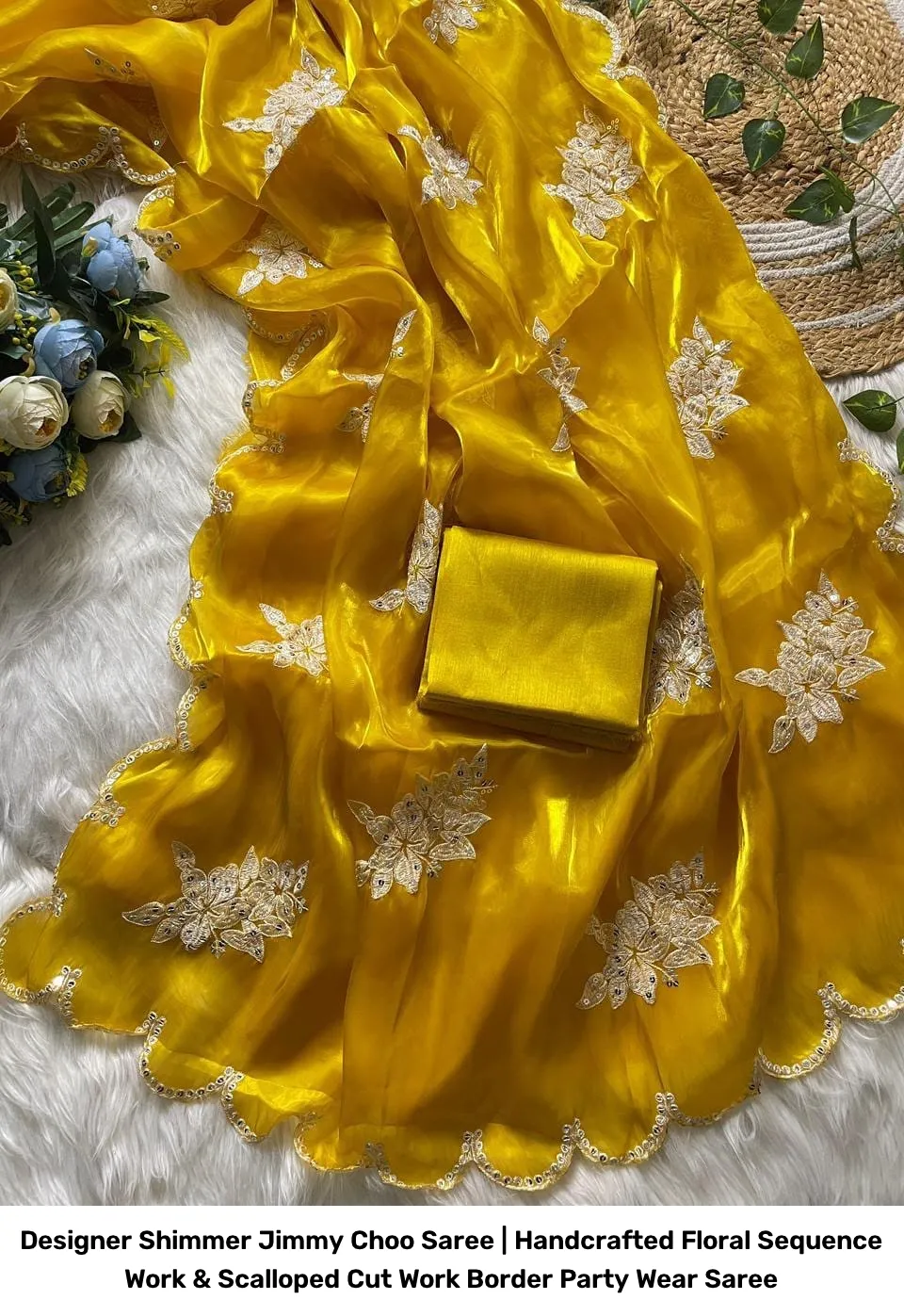 Designer Shimmer Jimmy Choo Saree | Handcrafted Floral Sequence Work & Scalloped Cut Work Border Party Wear Saree 7