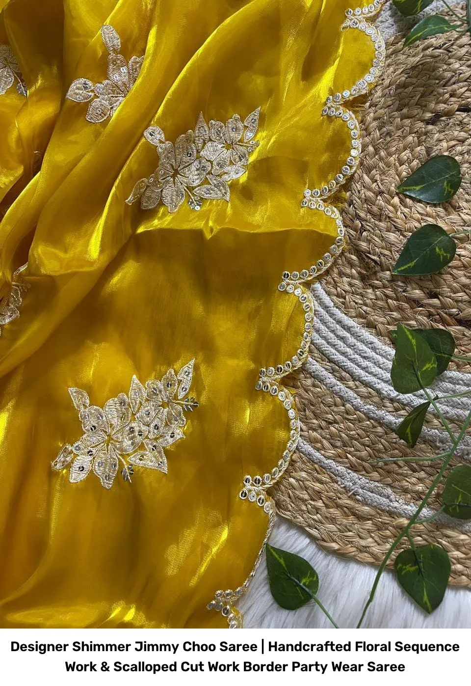 Designer Shimmer Jimmy Choo Saree | Handcrafted Floral Sequence Work & Scalloped Cut Work Border Party Wear Saree 8