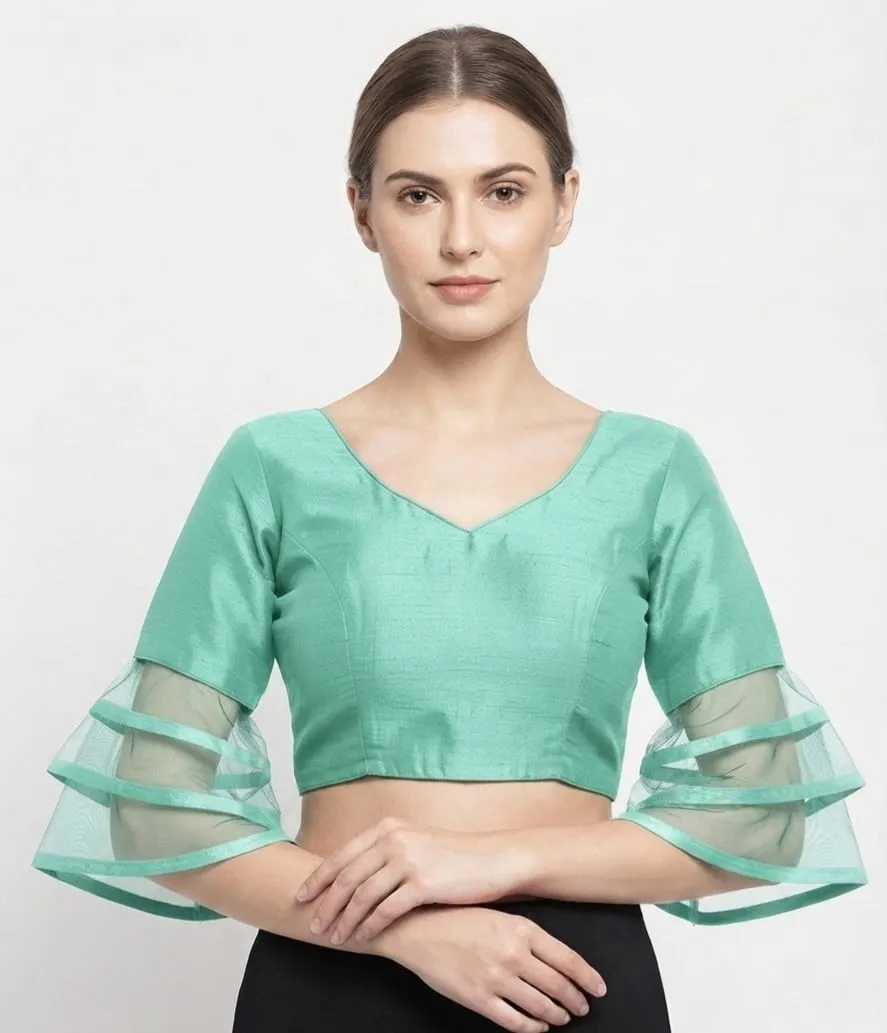 Designer V-Neck Saree Blouse for Women | Ready-Made Party Wear Blouse with Layered Sheer Ruffle Sleeves