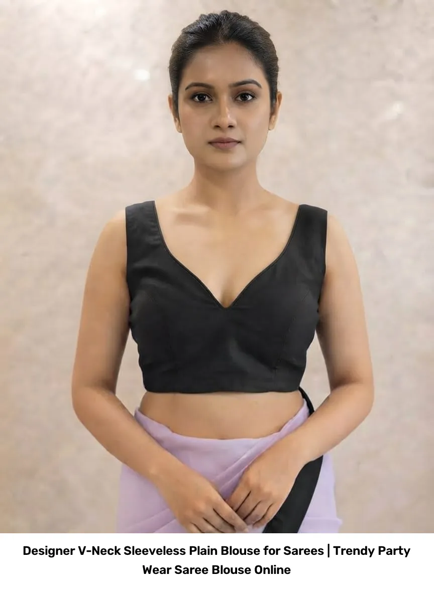 Designer V-Neck Sleeveless Plain Blouse for Sarees | Trendy Party Wear Saree Blouse Online 2