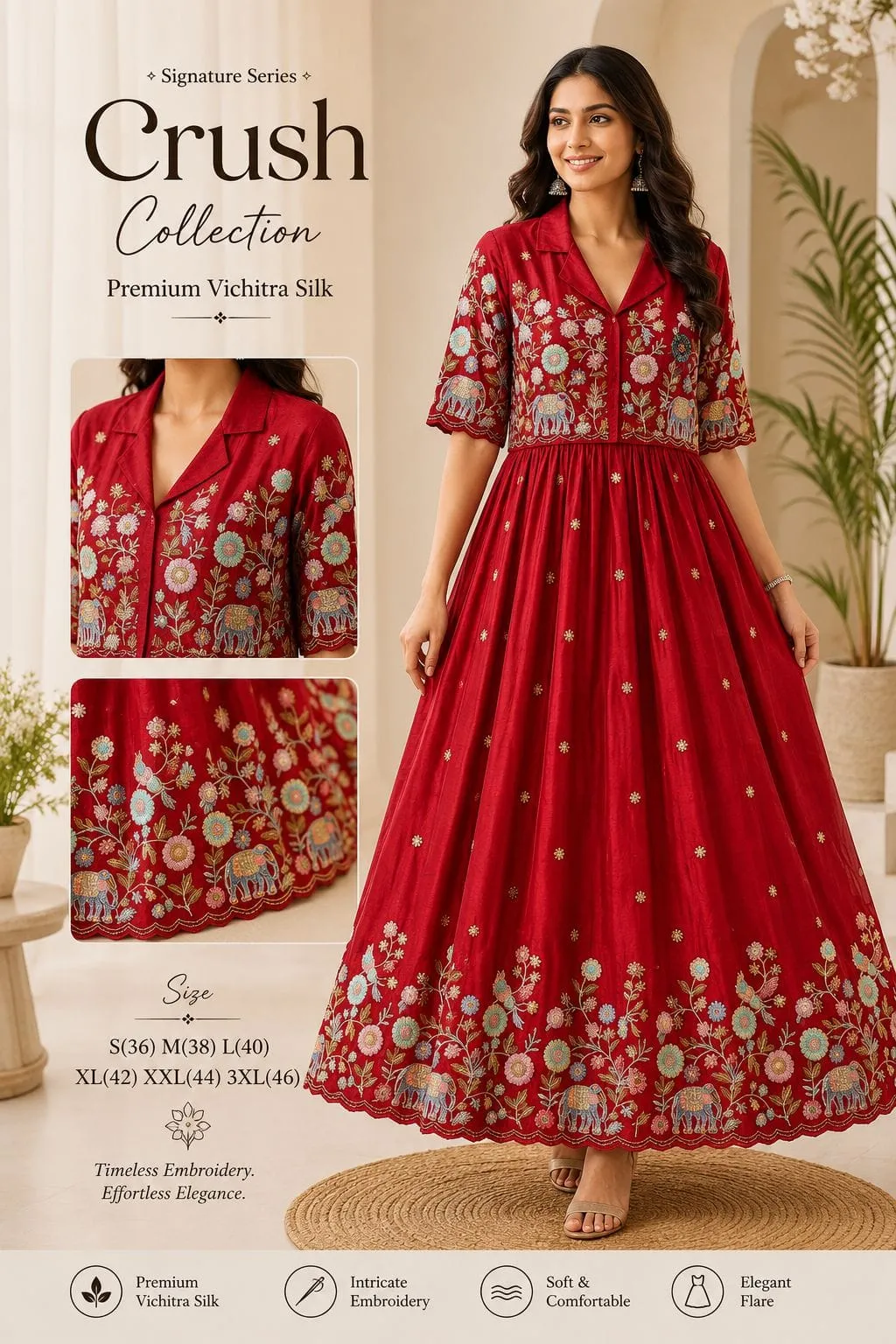 Designer Vichitra Silk Long Gown with Embroidered Short Shrug Jacket – Collar Neck 2-Piece Ethnic Frock