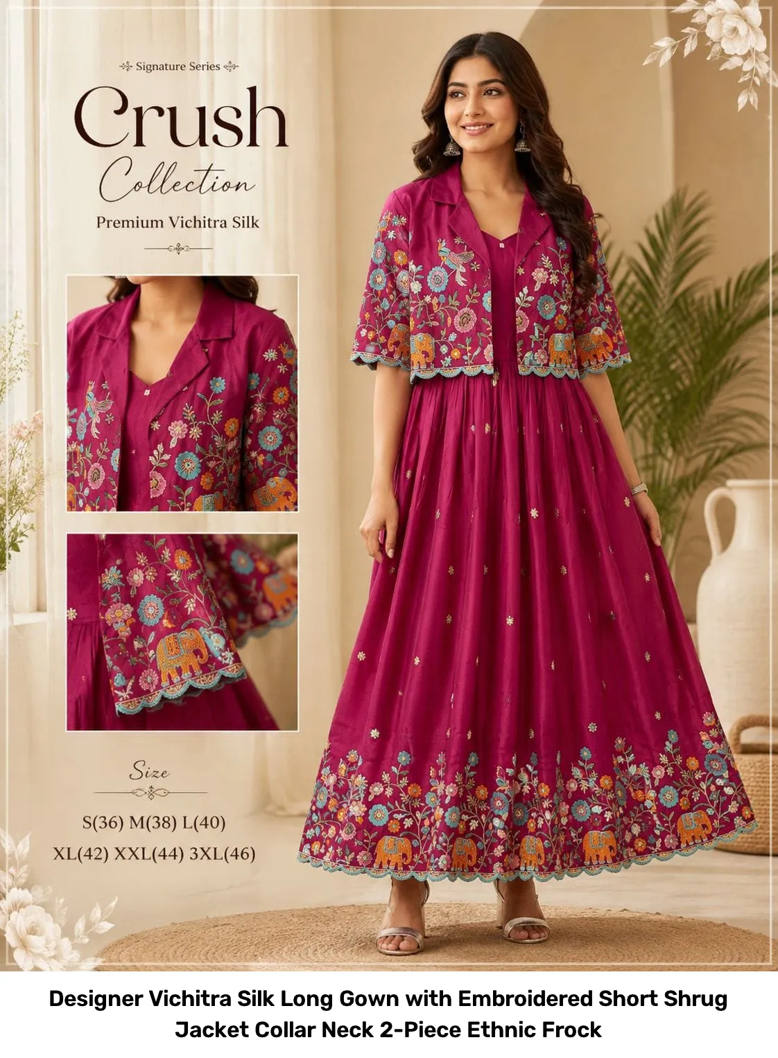 Designer Vichitra Silk Long Gown with Embroidered Short Shrug Jacket – Collar Neck 2-Piece Ethnic Frock 2