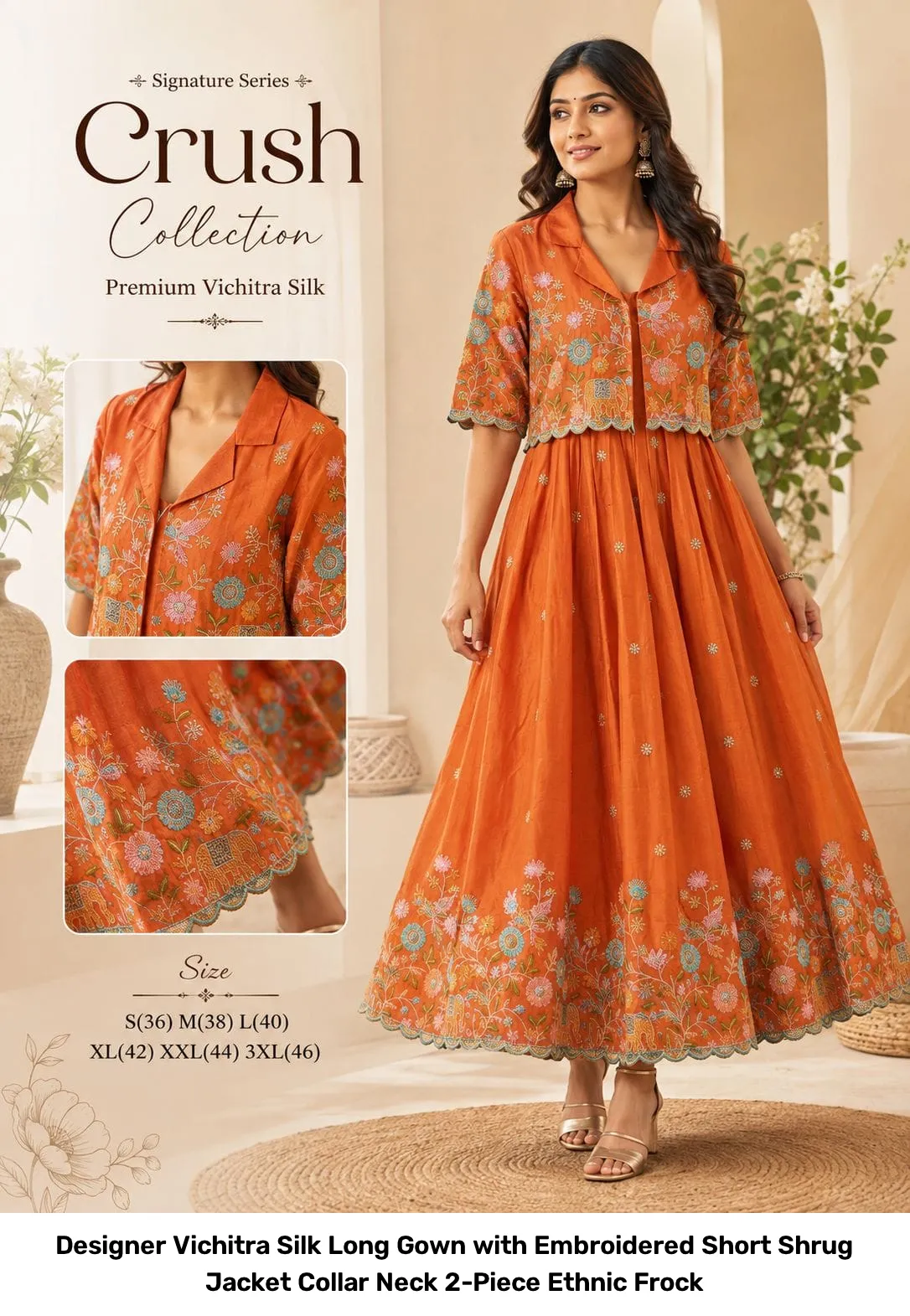 Designer Vichitra Silk Long Gown with Embroidered Short Shrug Jacket – Collar Neck 2-Piece Ethnic Frock 3