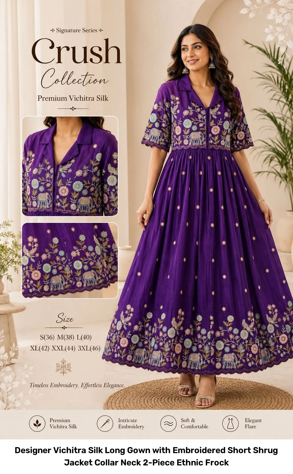 Designer Vichitra Silk Long Gown with Embroidered Short Shrug Jacket – Collar Neck 2-Piece Ethnic Frock 4