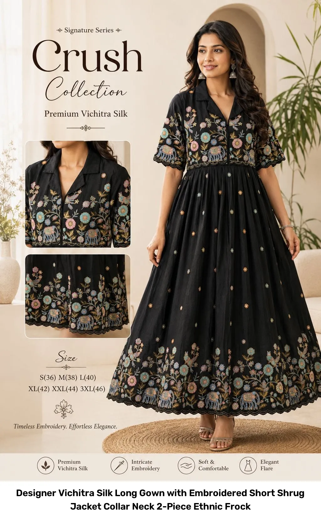 Designer Vichitra Silk Long Gown with Embroidered Short Shrug Jacket – Collar Neck 2-Piece Ethnic Frock 5