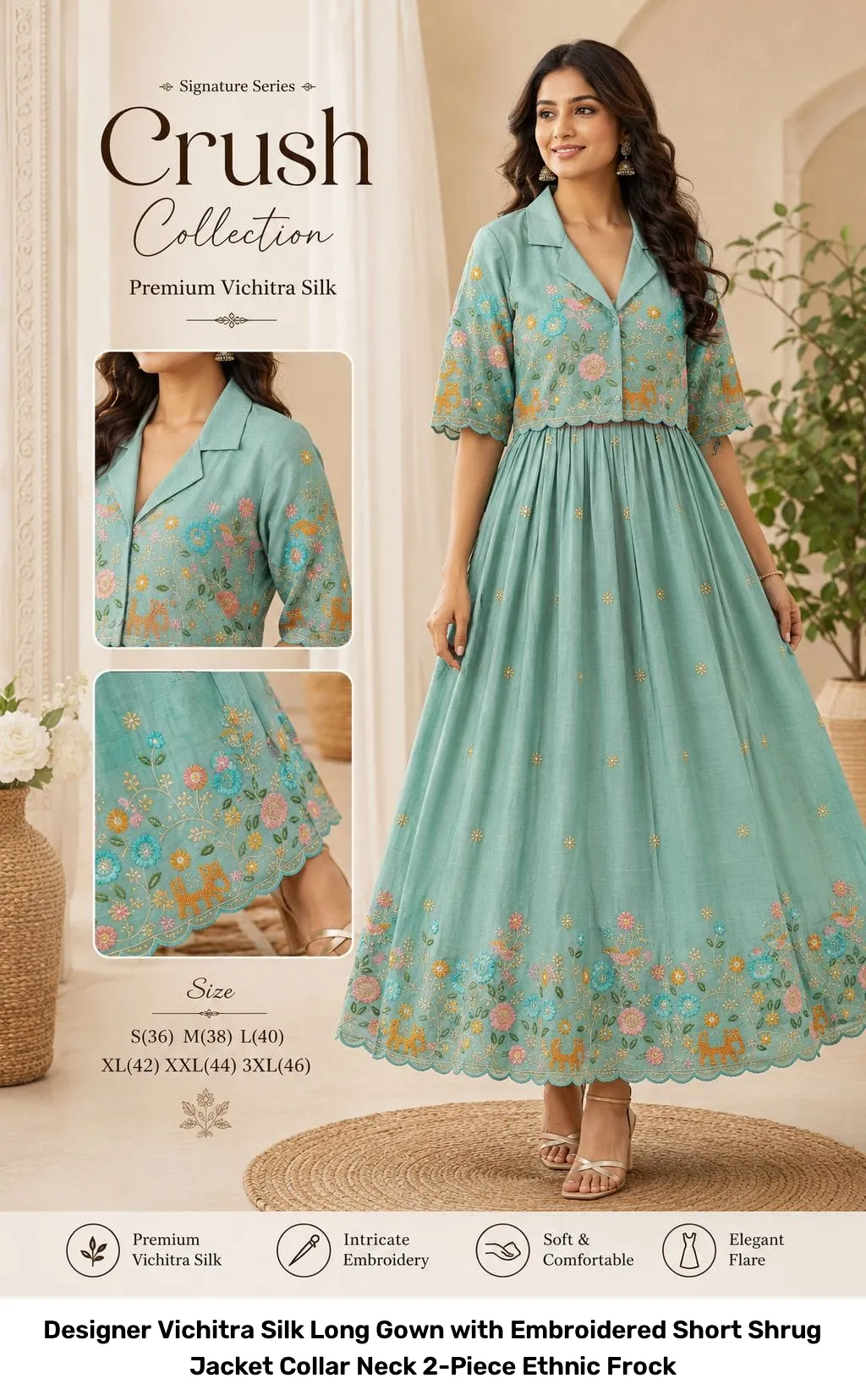 Designer Vichitra Silk Long Gown with Embroidered Short Shrug Jacket – Collar Neck 2-Piece Ethnic Frock 6