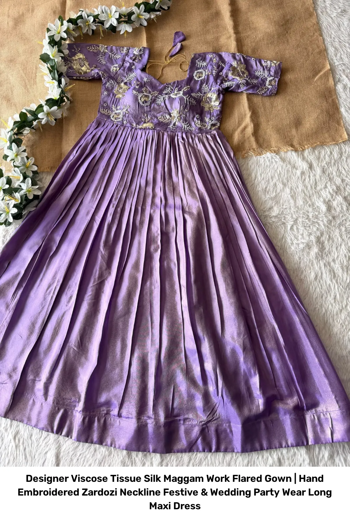 Designer Viscose Tissue Silk Maggam Work Flared Gown | Hand Embroidered Zardozi Neckline Festive & Wedding Party Wear Long Maxi Dress 10