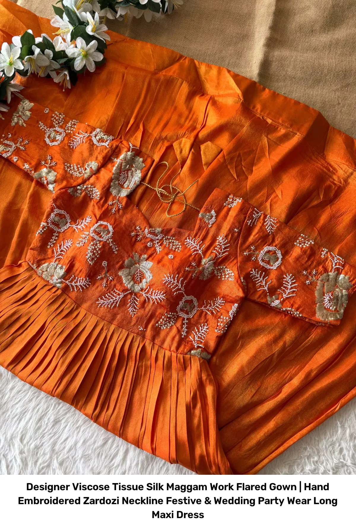 Designer Viscose Tissue Silk Maggam Work Flared Gown | Hand Embroidered Zardozi Neckline Festive & Wedding Party Wear Long Maxi Dress 3