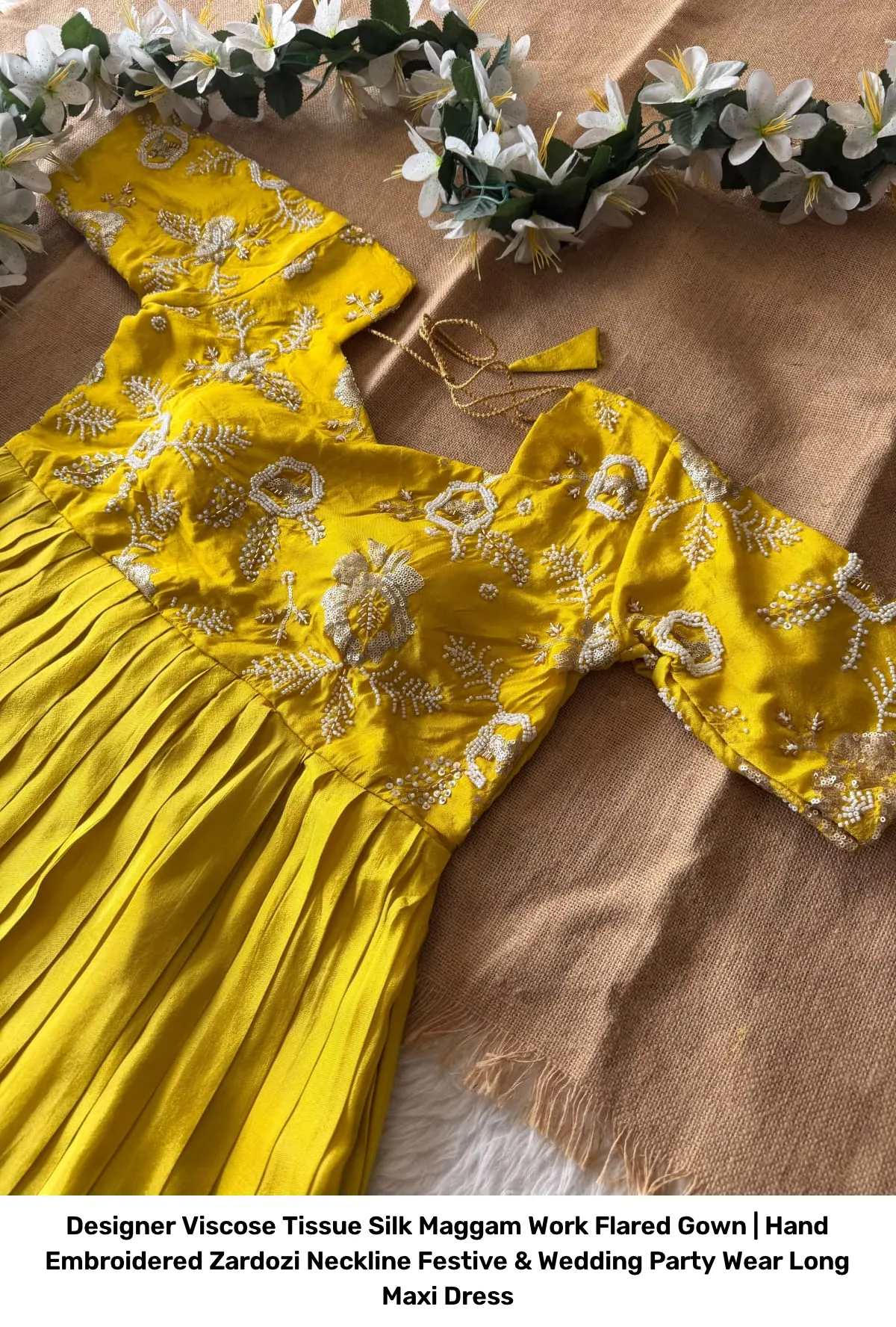 Designer Viscose Tissue Silk Maggam Work Flared Gown | Hand Embroidered Zardozi Neckline Festive & Wedding Party Wear Long Maxi Dress 4