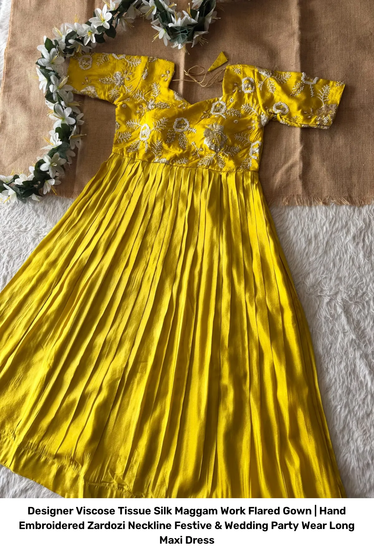 Designer Viscose Tissue Silk Maggam Work Flared Gown | Hand Embroidered Zardozi Neckline Festive & Wedding Party Wear Long Maxi Dress 6