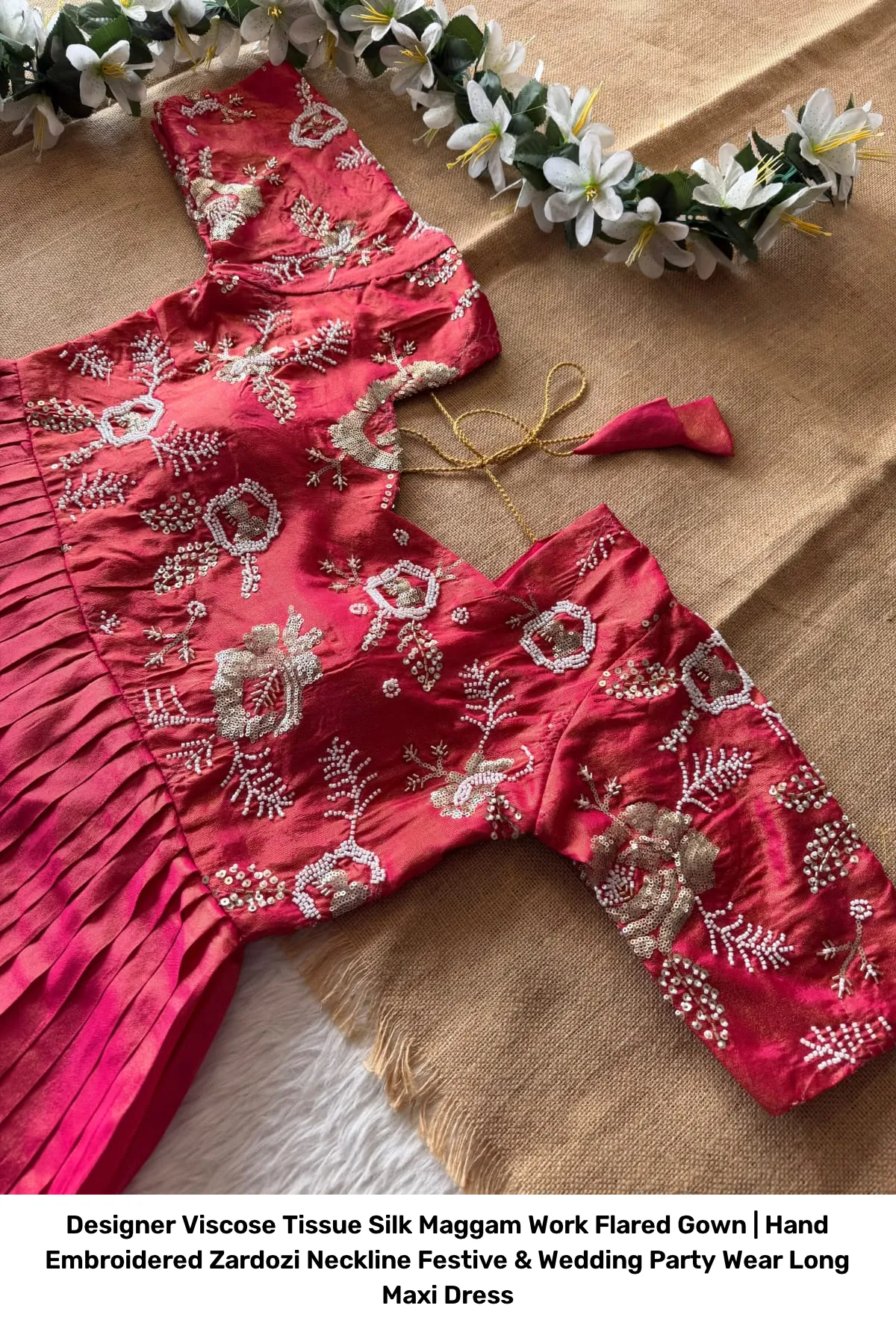 Designer Viscose Tissue Silk Maggam Work Flared Gown | Hand Embroidered Zardozi Neckline Festive & Wedding Party Wear Long Maxi Dress 7