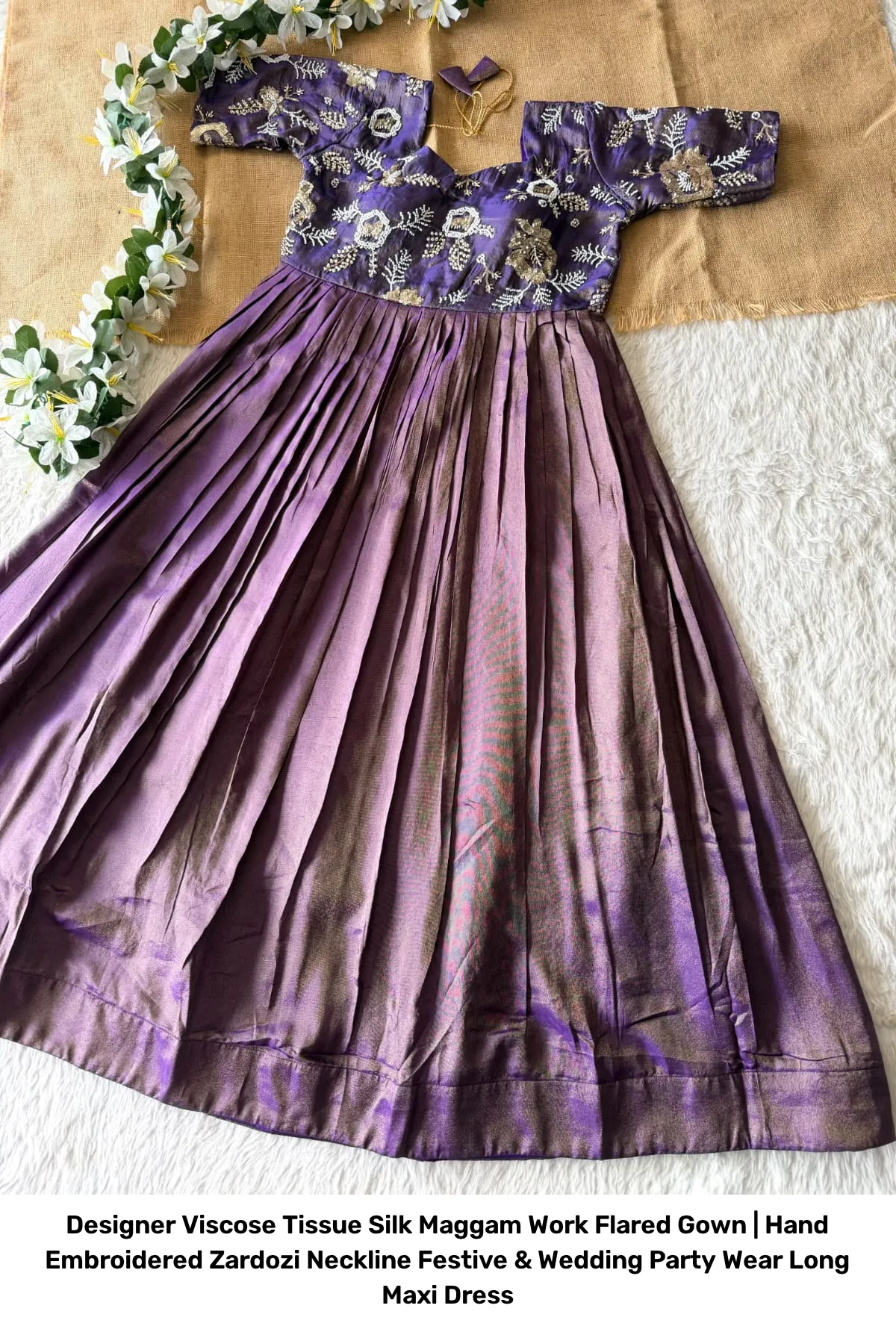 Designer Viscose Tissue Silk Maggam Work Flared Gown | Hand Embroidered Zardozi Neckline Festive & Wedding Party Wear Long Maxi Dress 9