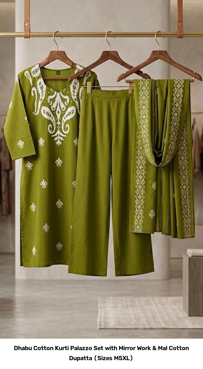 Dhabu Cotton Kurti Palazzo Set with Mirror Work & Mal Cotton Dupatta (Sizes M–5XL) 2