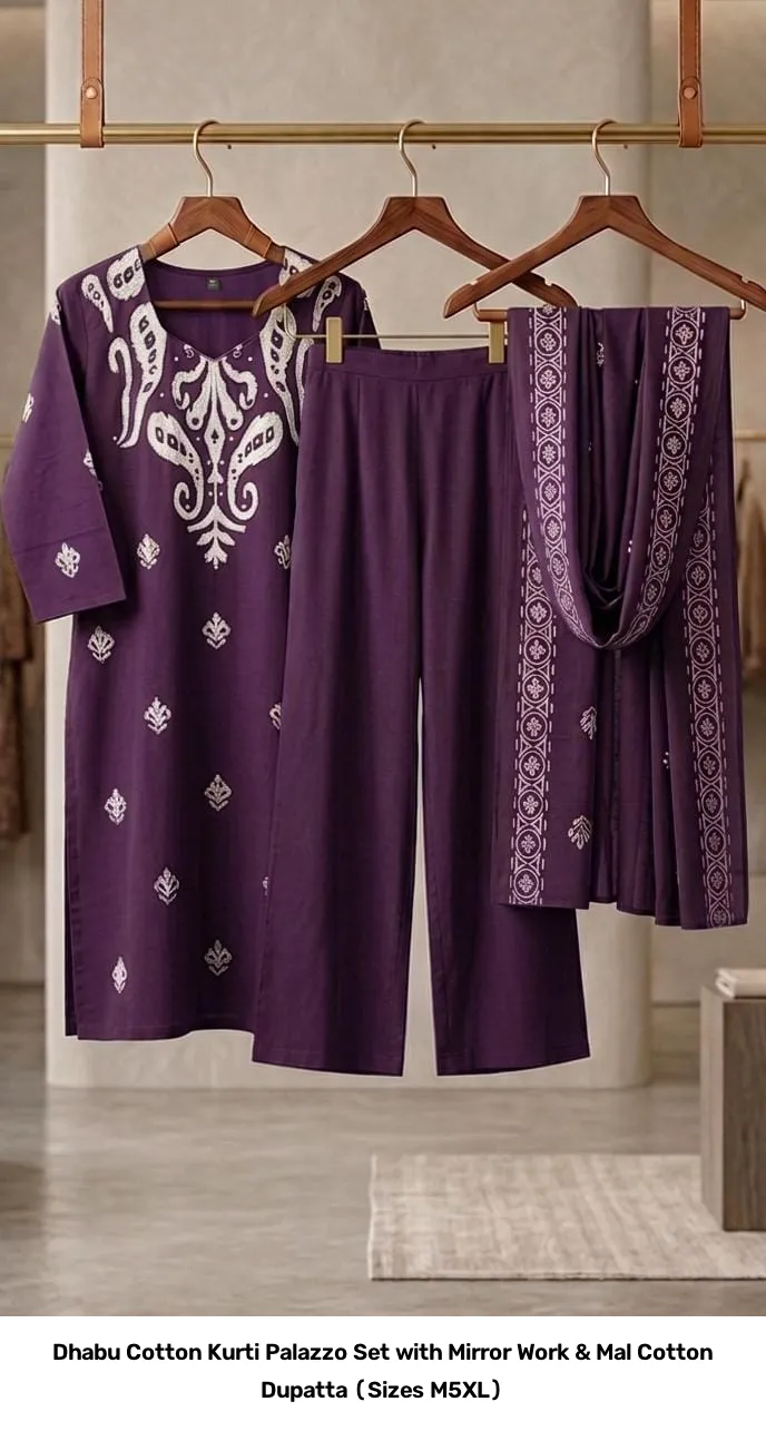 Dhabu Cotton Kurti Palazzo Set with Mirror Work & Mal Cotton Dupatta (Sizes M–5XL) 3
