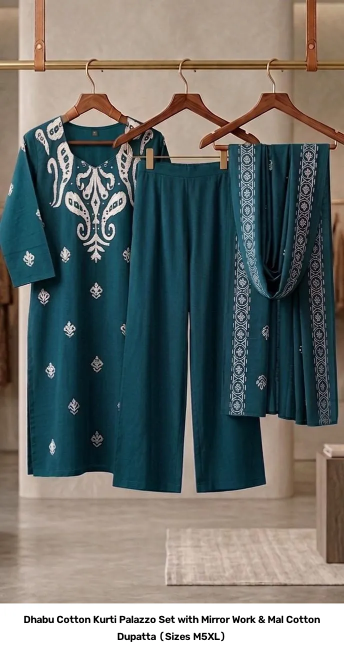 Dhabu Cotton Kurti Palazzo Set with Mirror Work & Mal Cotton Dupatta (Sizes M–5XL) 4